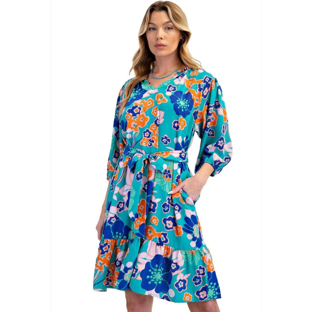 Easel Floral Print Midi Dress with Belt